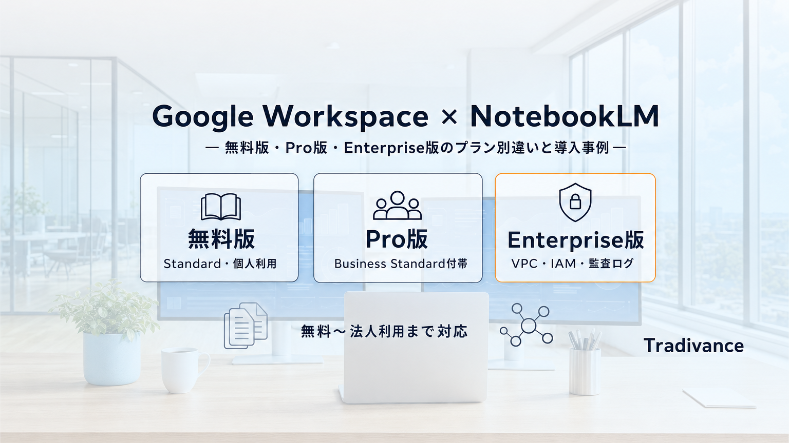 Google Workspace × NotebookLM 無料版・Pro版・Enterprise版のプラン別違いと導入事例のアイキャッチ