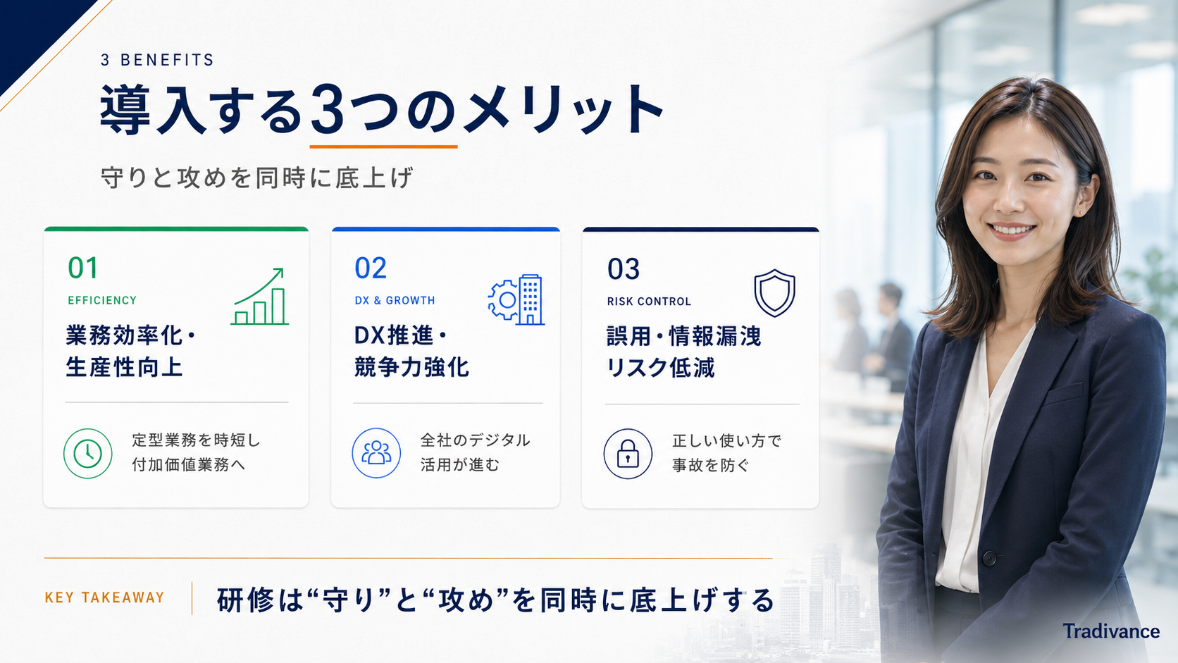 法人がAI研修を導入する3つのメリット（業務効率化・DX推進・情報漏洩リスク低減）
