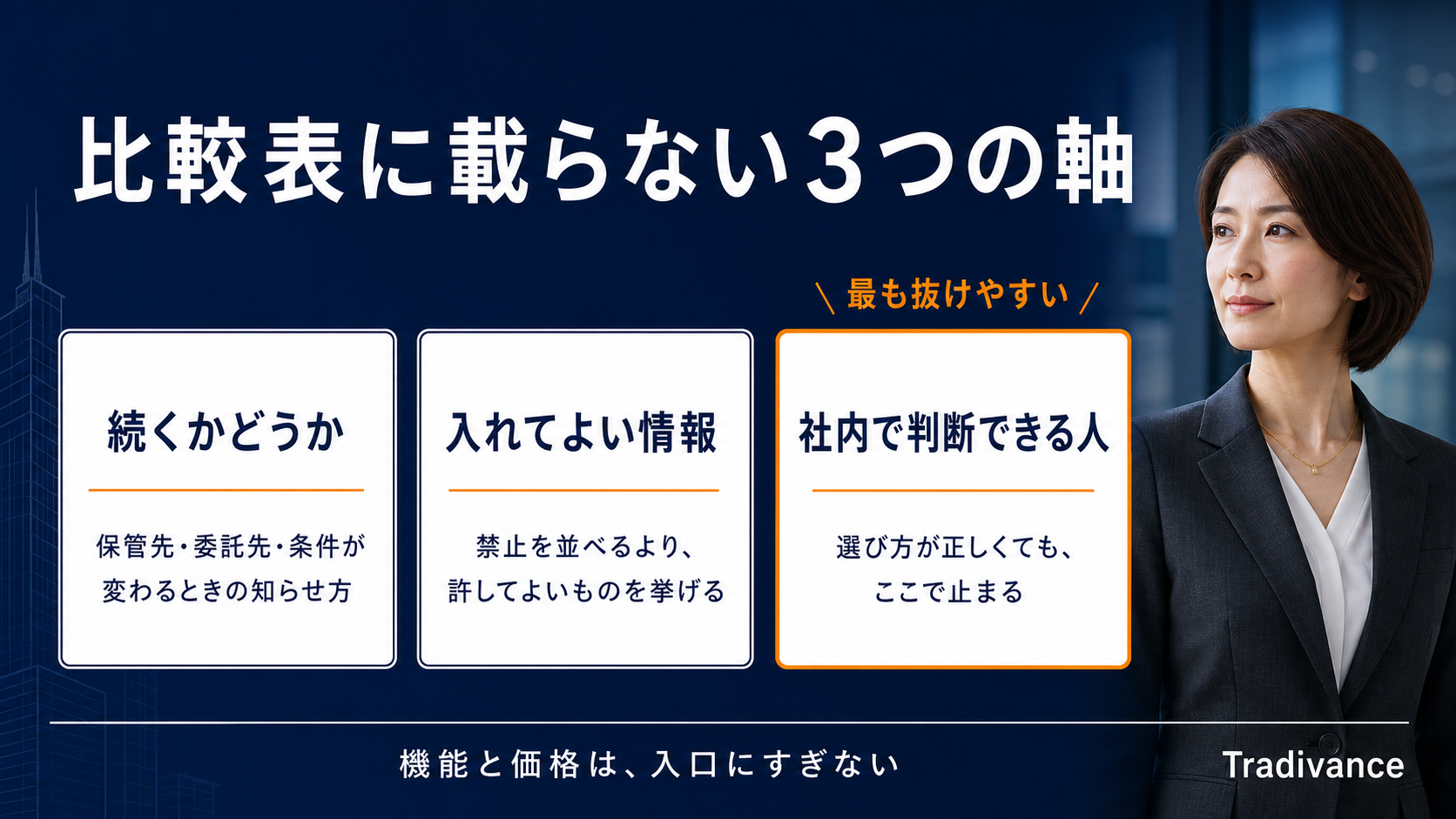 AIエージェント比較で見落とされる3つの軸|続くかどうか・入れてよい情報・社内で判断できる人