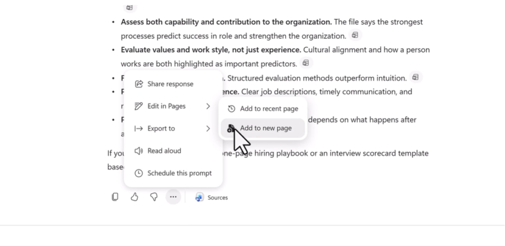 Copilotの回答メニューから「Edit in Pages」「Add to new page」を選ぶ画面