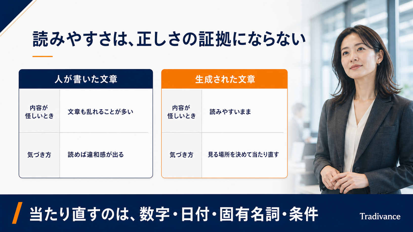 読みやすさは正しさの証拠にならないことを示す対比図｜当たり直すのは数字・日付・固有名詞・条件